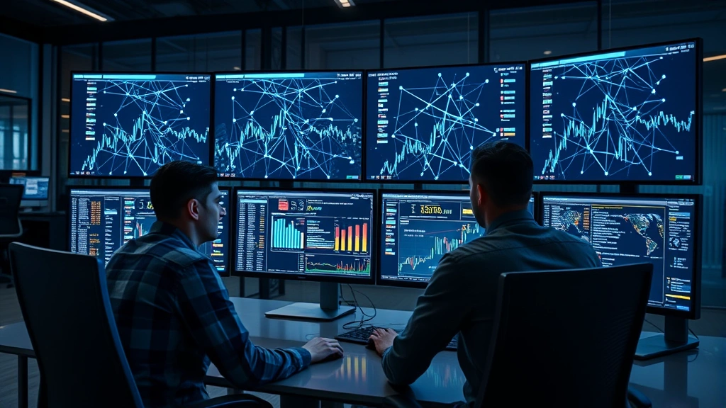 Professional cryptocurrency traders in modern office environment monitoring multiple screens with blockchain network visualizations, interconnected nodes and data streams