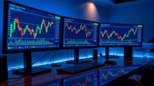 A photorealistic image of a modern cryptocurrency trading desk with multiple monitors displaying Bitcoin price charts and candlestick patterns, with ambient blue and green lighting reflecting on the screens and desk surface