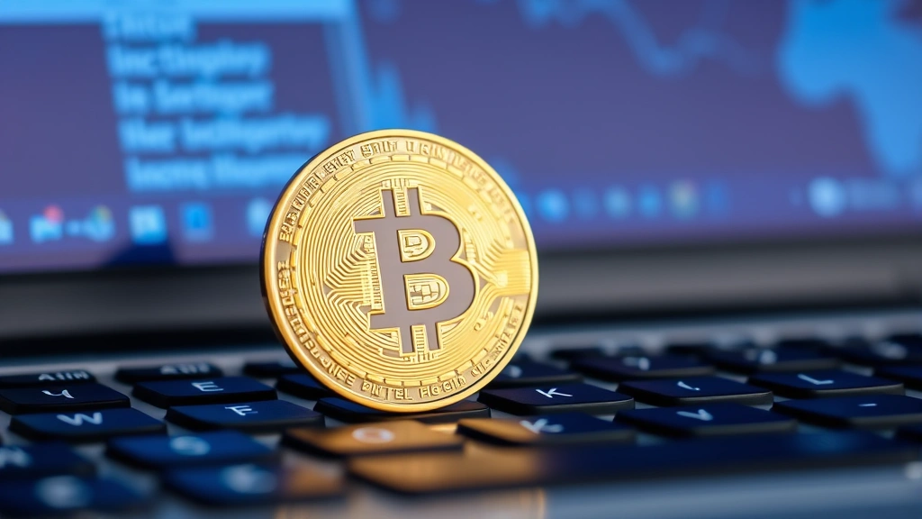 A photorealistic close-up photograph of a Bitcoin physical coin positioned on a laptop keyboard with soft blue backlighting, showing fine detail of the coin's surface texture and the keyboard keys