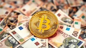 Photorealistic image of digital Bitcoin coin transitioning into peso currency notes, with blockchain network patterns in background, modern fintech aesthetic, no text or numbers visible