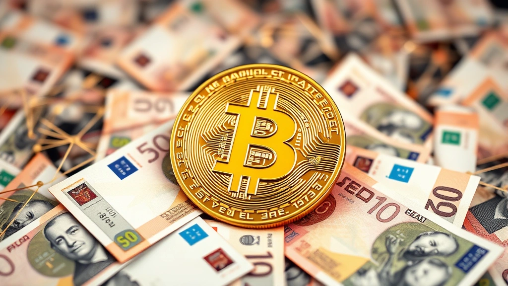 Photorealistic image of digital Bitcoin coin transitioning into peso currency notes, with blockchain network patterns in background, modern fintech aesthetic, no text or numbers visible