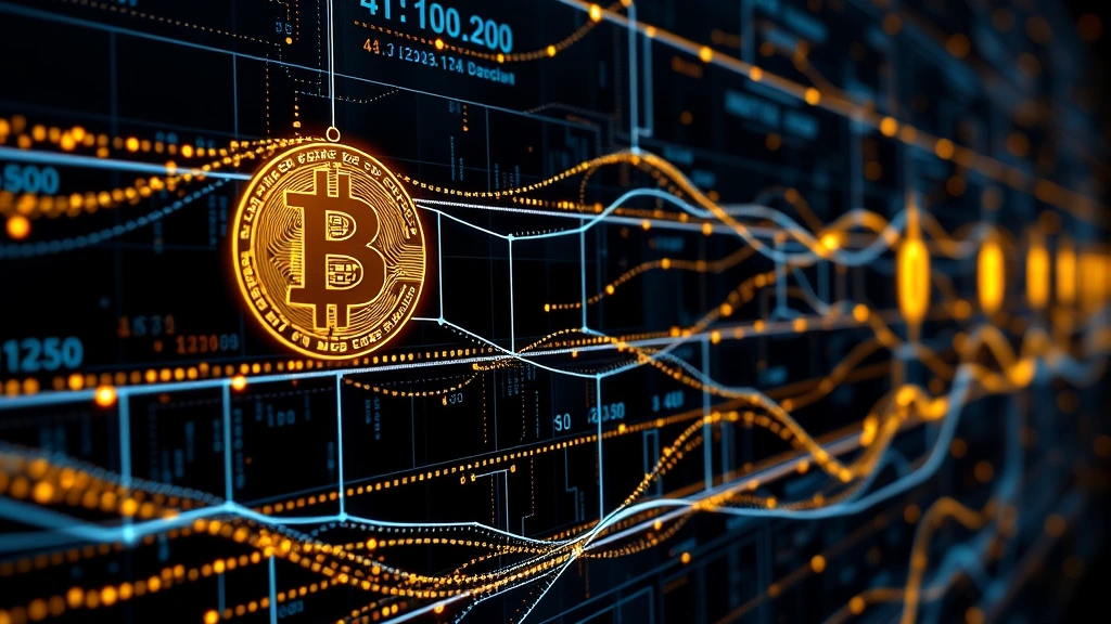 Bitcoin blockchain network visualization with flowing data streams and cryptographic transactions, digital currency concept, no text