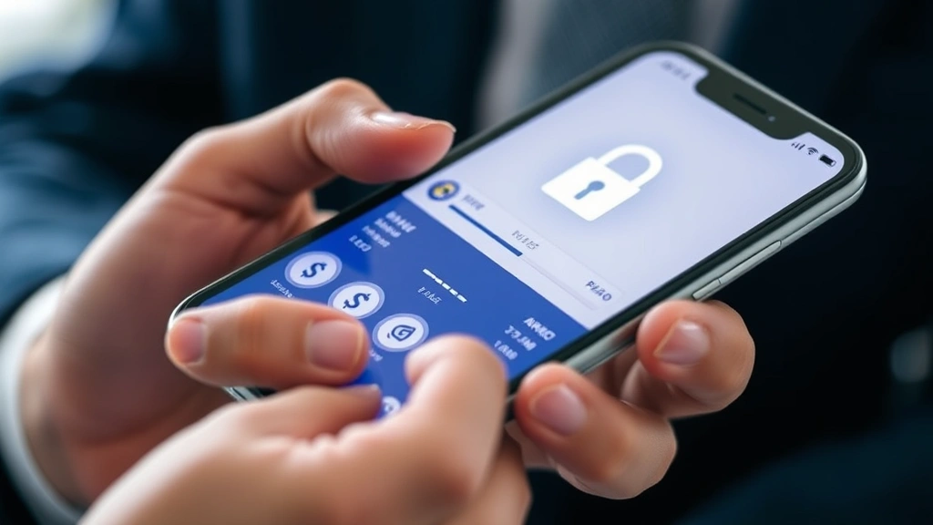 Close-up of person hands using smartphone displaying cryptocurrency exchange interface with peso currency symbols, secure lock icons, banking elements, professional financial setting, no visible screen text