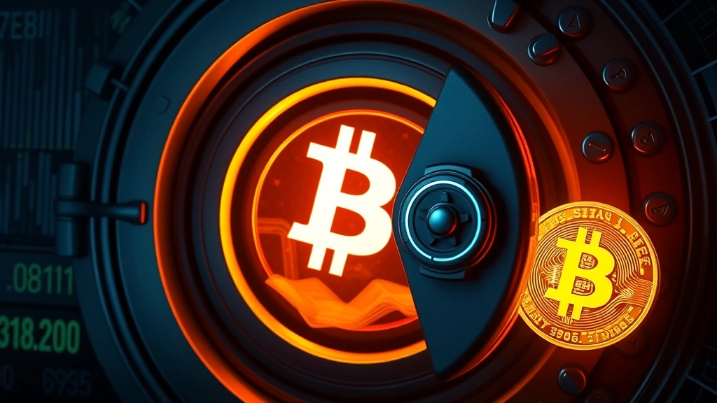 Photorealistic visualization of secure bank vault with glowing Bitcoin symbols and peso currency, representing secure crypto-to-fiat conversion, blockchain encryption patterns, modern financial security concept, no text