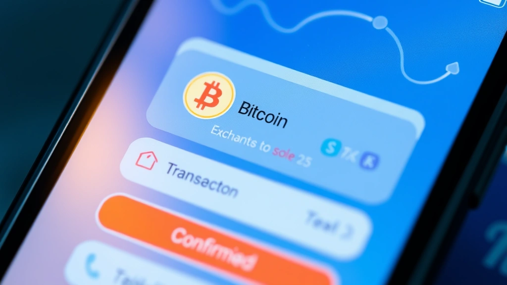 Close-up of mobile phone displaying cryptocurrency exchange app with Bitcoin to Soles conversion in progress, digital wallet interface, secure transaction confirmation screen, modern fintech design with financial icons