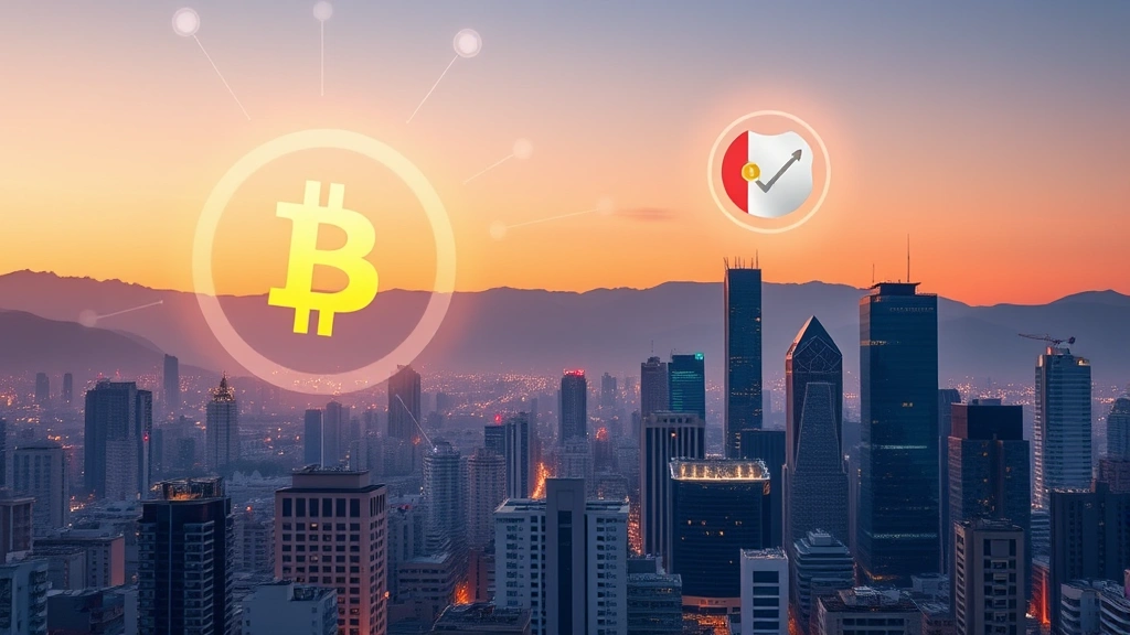 Peruvian financial district skyline with digital Bitcoin and Peruvian Sol currency symbols floating above buildings, blockchain network connections illuminating the scene, modern cryptocurrency adoption in Latin America, secure financial infrastructure