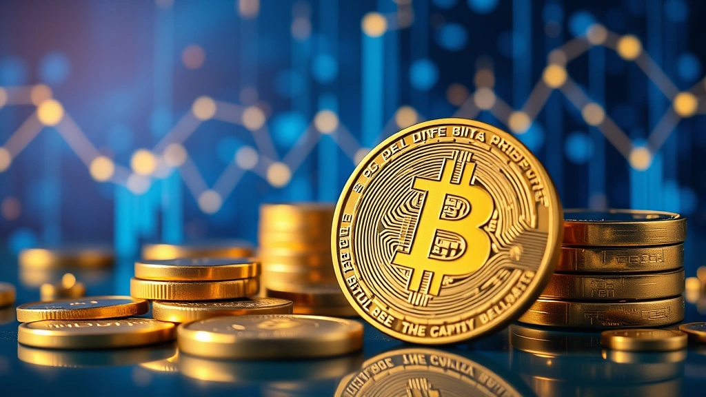 High-resolution photograph of Bitcoin physical representation next to gold coins and bars, showing digital currency concept with blockchain network visualization in background, professional financial setting with blue and gold lighting, photorealistic, no text or labels
