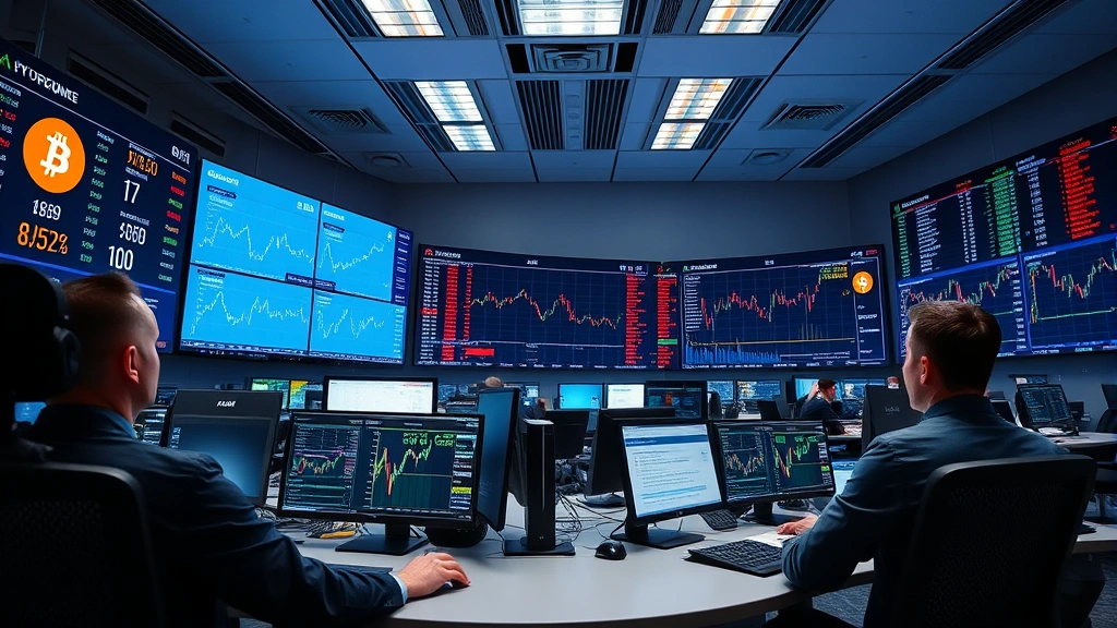 Modern cryptocurrency trading floor with multiple monitors displaying blockchain data, professional traders analyzing Bitcoin network metrics, institutional investment environment, clean minimalist design with data visualization elements, photorealistic imagery, no charts or ticker symbols visible