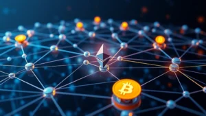 Blockchain network visualization showing interconnected nodes and cryptographic chains, with Bitcoin and Ethereum symbols prominently featured, representing distributed ledger technology and digital currency infrastructure