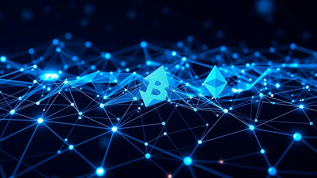 Bitcoin and Ethereum blockchain network visualization with interconnected nodes, digital architecture, and flowing data patterns representing transaction processing and network security mechanisms