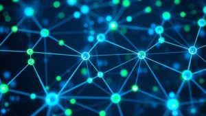 Blockchain network visualization with interconnected nodes glowing in blue and green, representing decentralized data archival and information flow across cryptocurrency systems