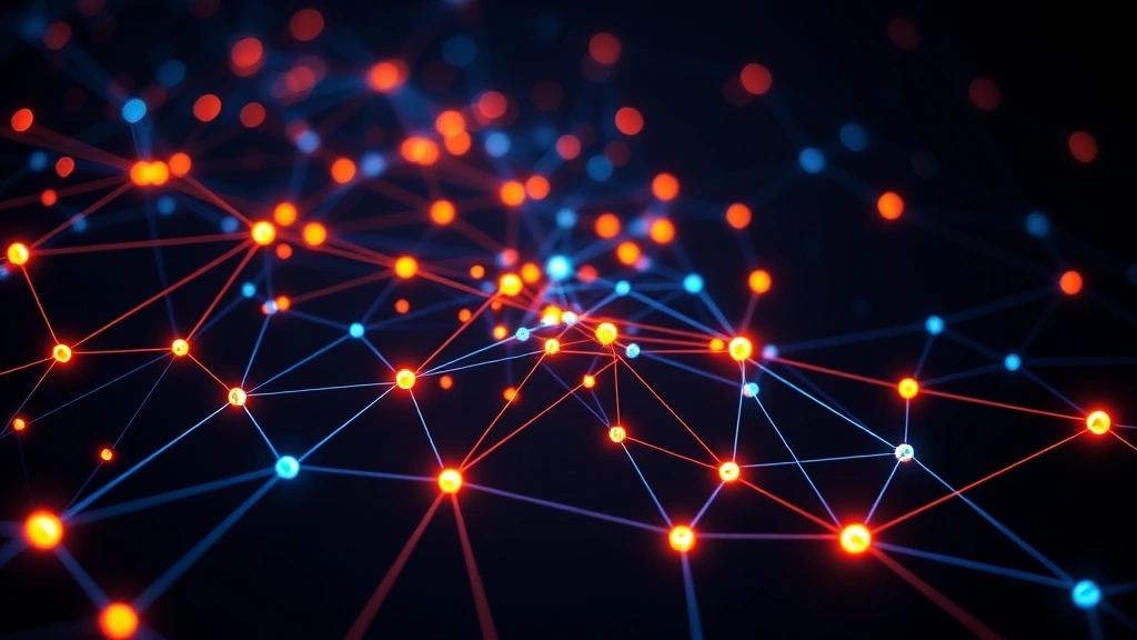Digital display showing Bitcoin network blockchain nodes interconnected with glowing blue and orange lines, representing real-time data flow and network connectivity across a dark background with subtle cryptocurrency market visualization elements
