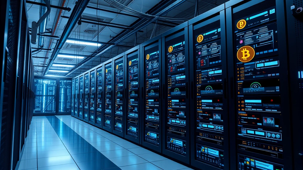 Data center with servers and digital information streams, symbolizing cryptocurrency archive systems, historical documentation, and decentralized information preservation