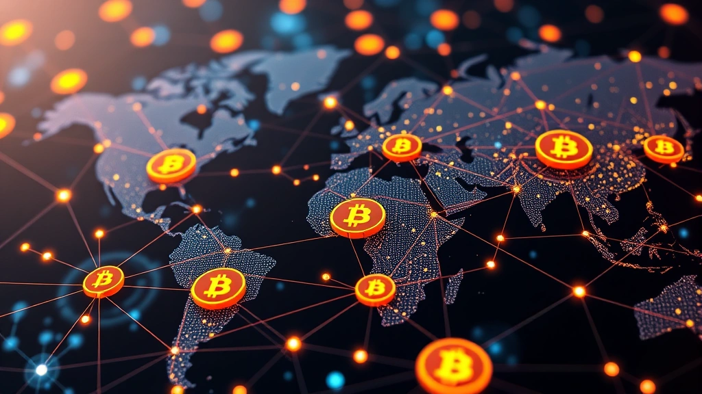 Abstract representation of global financial network with Bitcoin symbols distributed across interconnected nodes, showing information flow between different regions with glowing pathways and data streams in a modern digital environment