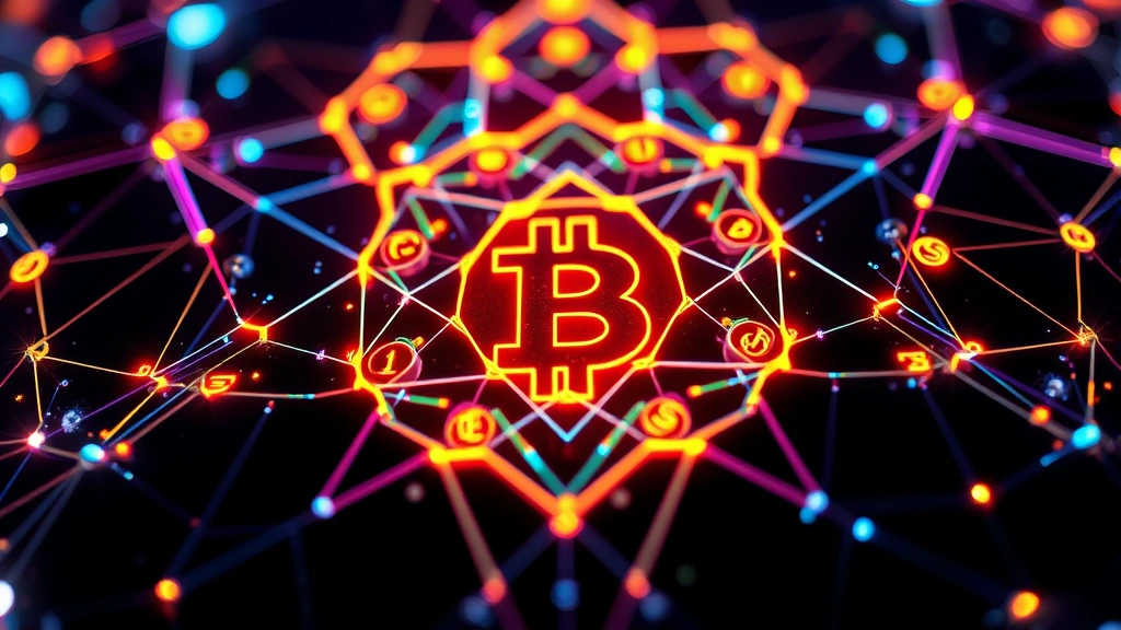 Close-up of a digital artwork displaying intricate geometric patterns and glowing neon colors embedded with cryptocurrency symbols, photorealistic rendering showing depth and luminescence on a dark background