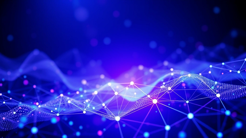 Digital abstract art representing blockchain technology with interconnected nodes and flowing light patterns, photorealistic rendering, no text or labels, vibrant blues and purples