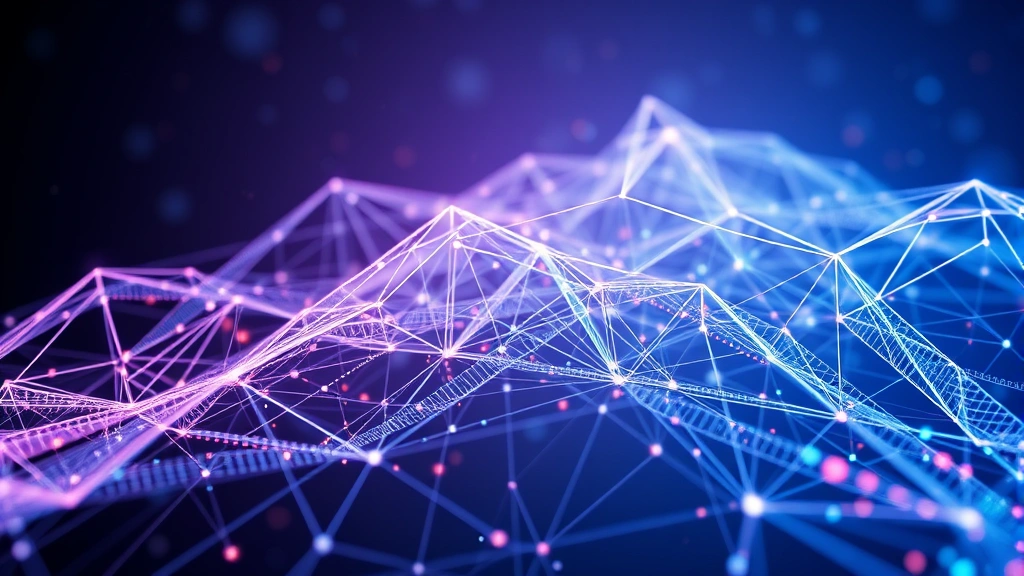 Abstract representation of blockchain ledger visualization with interconnected nodes and data chains flowing across a three-dimensional digital space, showing the technical foundation of digital art ownership