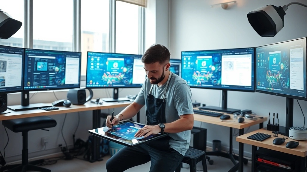 Artist working on digital tablet creating NFT artwork, modern studio setting with multiple monitors displaying blockchain interfaces, natural lighting, creative atmosphere