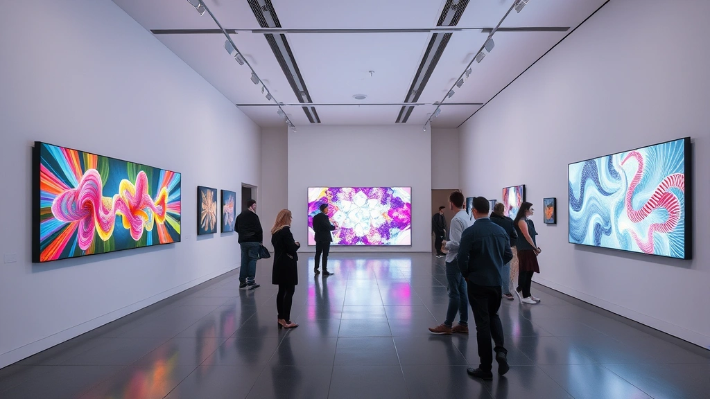 Modern art gallery interior with digital screens displaying colorful generative artwork pieces, visitors examining installations, natural lighting highlighting the fusion of traditional gallery spaces with contemporary digital art