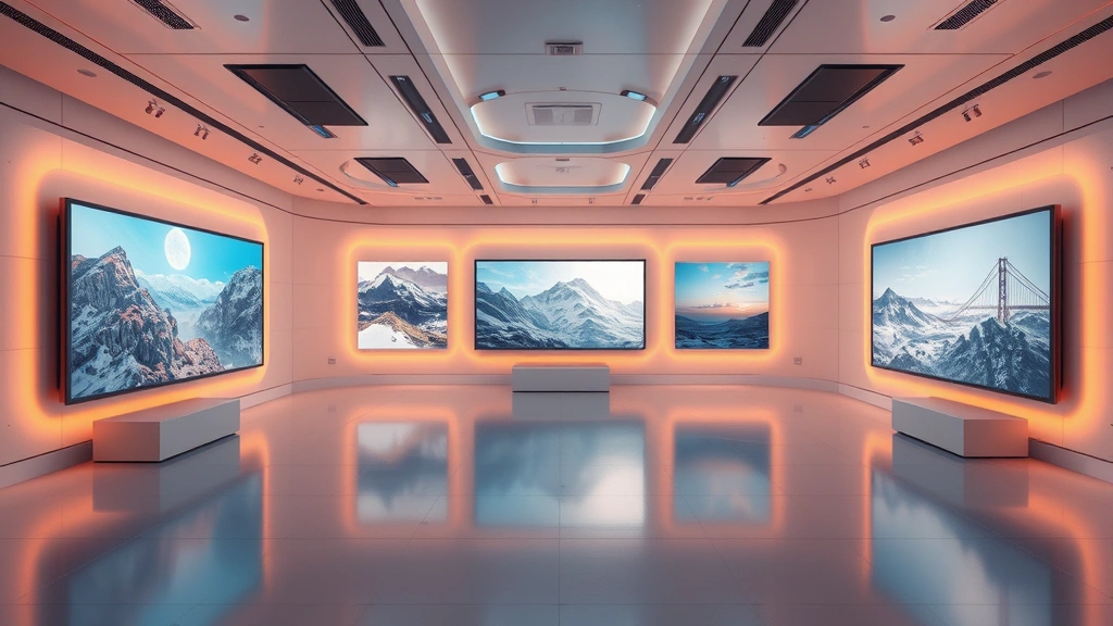 Virtual gallery space showcasing digital artworks displayed on holographic screens, futuristic minimalist design, warm ambient lighting, no text overlays or display information