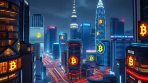 Futuristic Asian cityscape at night with glowing Bitcoin symbols integrated into buildings and streets, representing digital financial hubs in Tokyo, Seoul, and Singapore with modern architecture and neon lights