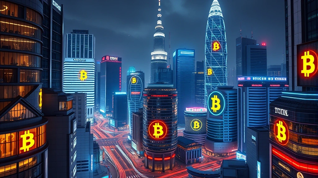 Futuristic Asian cityscape at night with glowing Bitcoin symbols integrated into buildings and streets, representing digital financial hubs in Tokyo, Seoul, and Singapore with modern architecture and neon lights