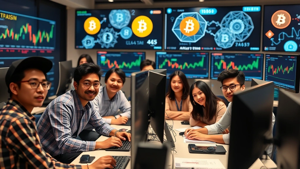 Group of diverse Asian young professionals in a modern cryptocurrency trading office with multiple monitors displaying Bitcoin charts and data, collaborative workspace environment with blockchain visualizations on walls
