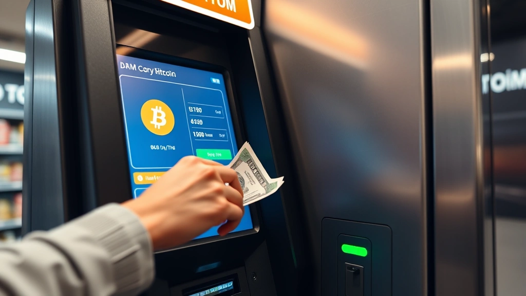 Photorealistic close-up of hands inserting cash into a modern Bitcoin ATM machine with digital display screen showing cryptocurrency transaction interface, indoor convenience store setting, professional lighting