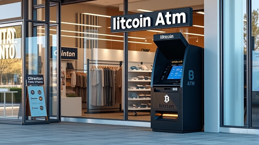 Photorealistic image of a sleek Bitcoin ATM kiosk in a well-lit Denton storefront, showing the machine's full exterior design with touchscreen display, surrounding retail environment, daytime natural lighting