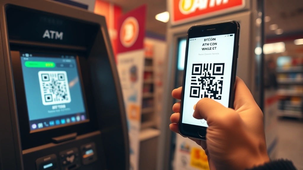 Person holding smartphone with Bitcoin wallet QR code displayed, scanning machine screen at a Bitcoin ATM in a convenience store, warm indoor lighting, focus on the transaction moment