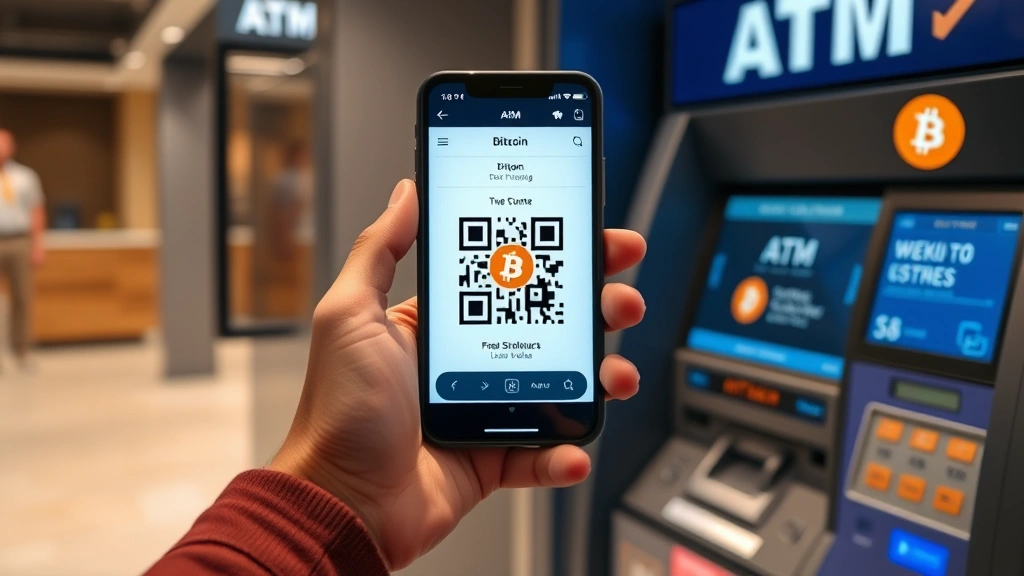 Photorealistic photo of a person holding a smartphone with Bitcoin wallet QR code displayed, positioned near a Bitcoin ATM machine ready for transaction, showing digital wallet app interface on phone screen, professional indoor lighting