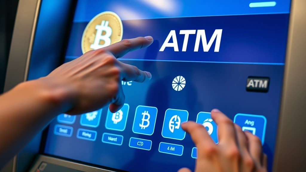 Close-up of a modern bitcoin ATM screen displaying transaction interface with glowing blue buttons and cryptocurrency symbols, person's hand reaching toward the touch screen, professional lighting, sleek metallic machine frame visible, realistic crypto ATM environment