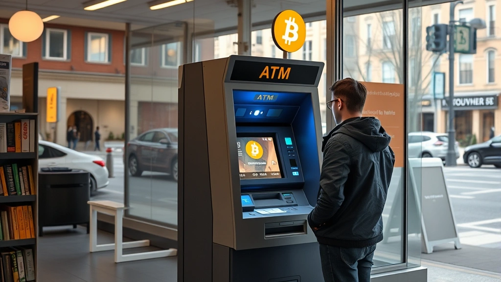 Bitcoin ATM physical machine installed in a retail location, bright storefront setting with natural lighting, machine's display screen active and illuminated, person standing nearby examining the interface, urban street visible through windows, photorealistic cryptocurrency hardware