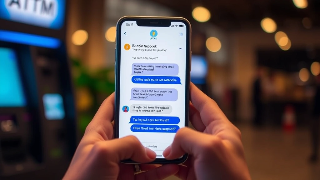 Person holding smartphone displaying customer support chat interface with bitcoin ATM operator, warm indoor lighting, hands holding modern phone, support conversation visible on screen, professional cryptocurrency service interaction, realistic mobile support scenario