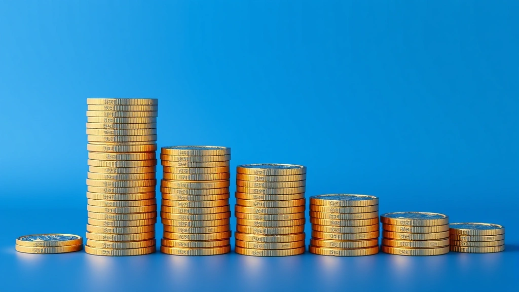 Photorealistic digital representation of Bitcoin coins stacked in ascending formation against gradient blue background, showing growth trajectory and increasing value, no text or numbers