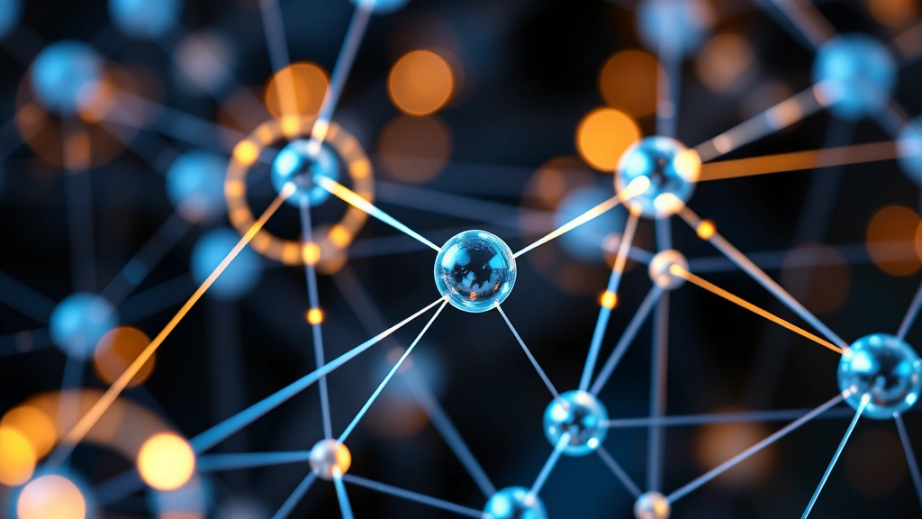 Close-up of blockchain network nodes and connections glowing with cryptocurrency data flow visualization, abstract interconnected spheres representing distributed ledger technology and security