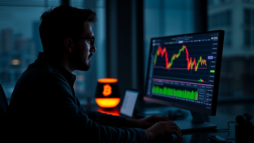 Silhouette of investor analyzing cryptocurrency market on modern computer setup with ambient lighting, reflecting determination and focus on long-term Bitcoin strategy and portfolio management