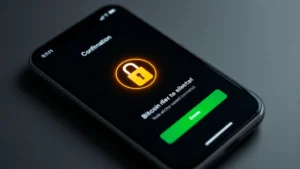 Photorealistic smartphone displaying Bitcoin Cash wallet interface with secure transaction confirmation screen, glowing security lock icon, professional mobile app design, minimalist layout with green checkmark