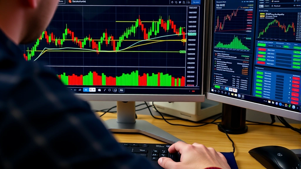 Close-up of crypto trader analyzing Bitcoin Cash price charts on desktop monitor with candlestick graphs, trading order book, and portfolio dashboard visible, professional workspace with keyboard