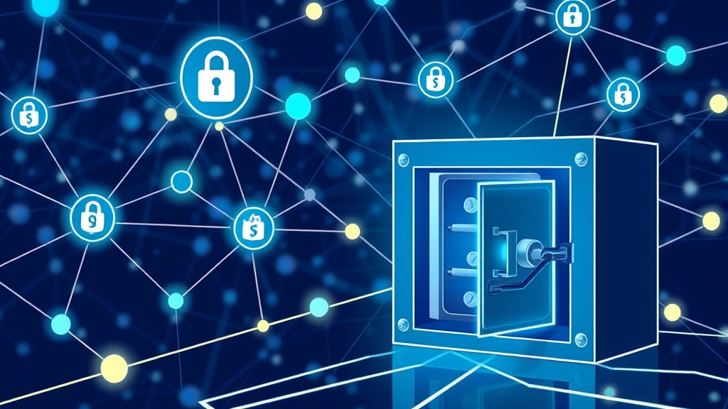 Digital illustration of blockchain security concept with interconnected nodes, encryption symbols, and secure digital vault representing Bitcoin Cash cold storage protection, abstract network background