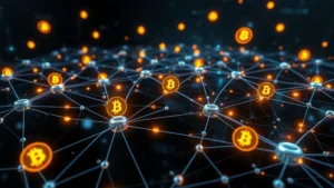 Futuristic cryptocurrency blockchain network visualization with interconnected nodes and digital currency symbols floating in cyberspace, representing Bitcoin Cash network infrastructure and technology advancement in 2024