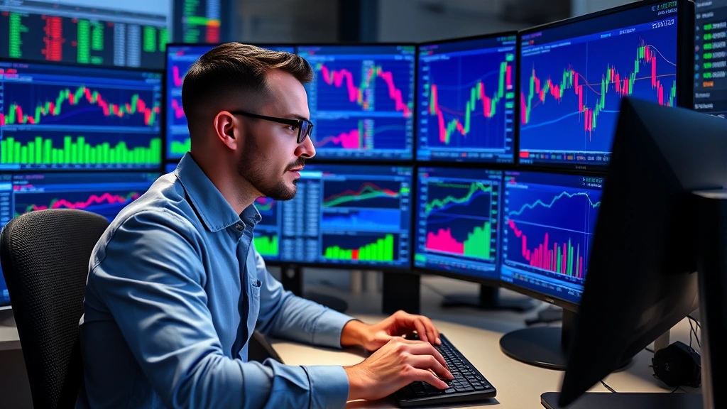 Professional cryptocurrency trader analyzing market data on multiple screens displaying candlestick charts, market trends, and digital assets, representing technical analysis and expert insights for Bitcoin Cash price forecasting