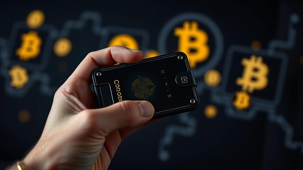 Person holding a hardware wallet device with cryptocurrency symbols glowing on a dark background, professional photography, secure digital assets concept