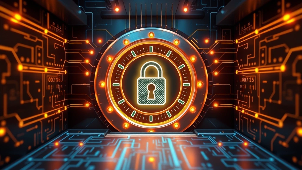 Secure digital vault with blockchain network visualization, cybersecurity protection concept, abstract cryptocurrency security representation, no text elements