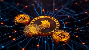 Photorealistic image of glowing Bitcoin coins arranged in a circular pattern on a dark digital background with blockchain network lines connecting them, representing crypto casino security and transparency