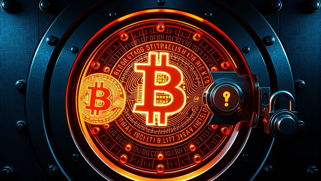 Photorealistic image of a secure vault door with holographic Bitcoin symbols and digital locks, representing cold storage security and fund protection in cryptocurrency gaming platforms