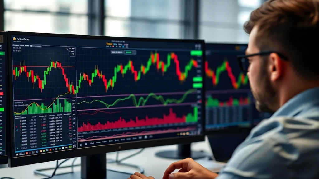 Computer screen displaying cryptocurrency market analysis with candlestick charts in background, trader analyzing data, professional office environment, focus on analytical tools and market monitoring, photorealistic, no ticker symbols or readable text