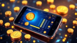 Digital illustration of smartphone screen displaying a clicker game interface with Bitcoin symbols, coins, and progress bars in vibrant blues and golds, futuristic aesthetic, no text or numbers visible
