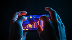Photorealistic smartphone displaying a mobile gaming interface with glowing cryptocurrency symbols and upward-trending graphs, hands hovering over screen in gaming gesture, neon blue and gold lighting against dark background