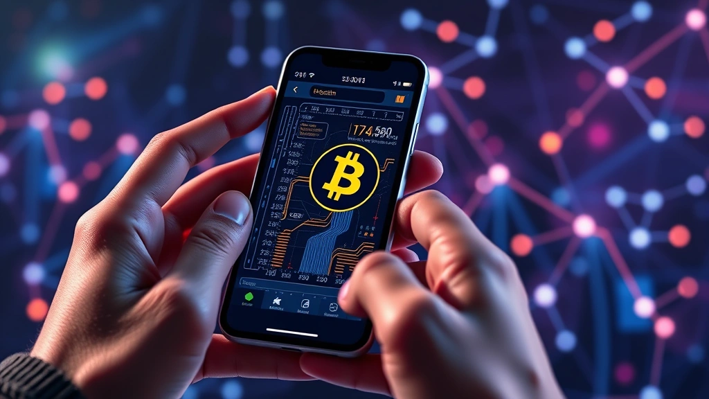 Photorealistic image of hands holding smartphone with cryptocurrency mining visualization on screen, blockchain network nodes glowing in background, cyberpunk lighting, clean modern design